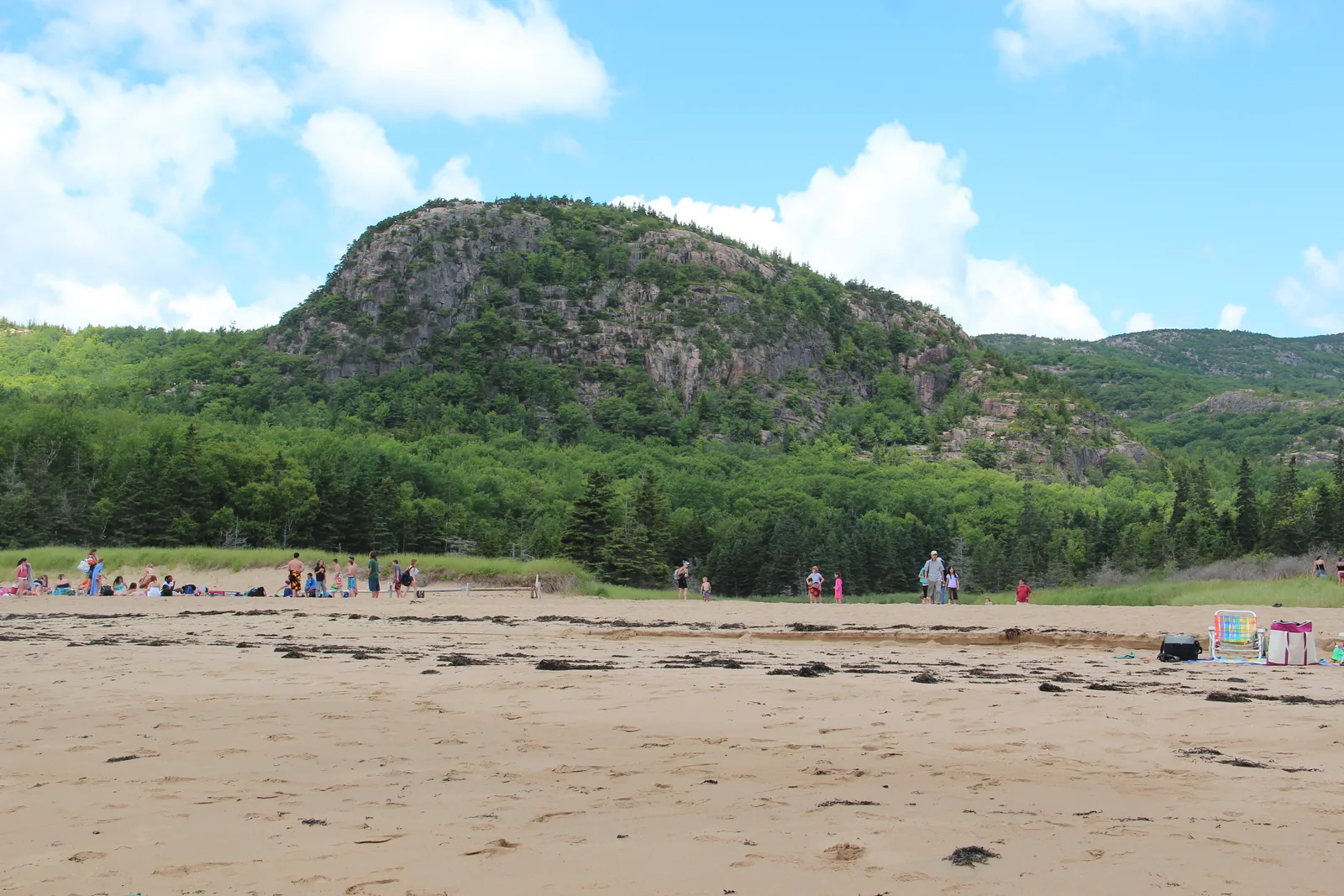 Die kahle Granitkuppe des Beehive über Wald und Sumpfgras, vom Sand Beach aus gesehen