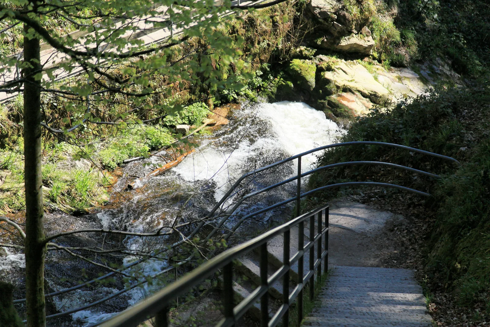 Stufen und Metallgeländer am Wasserfallweg neben einer Kaskade der Allerheiligen-Wasserfälle