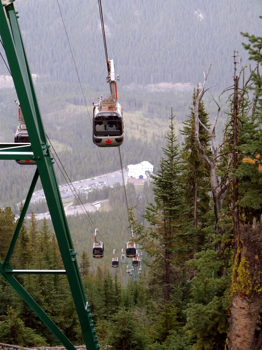 Blick von oben entlang des Seils der Banff Gondola mit mehreren Kabinen