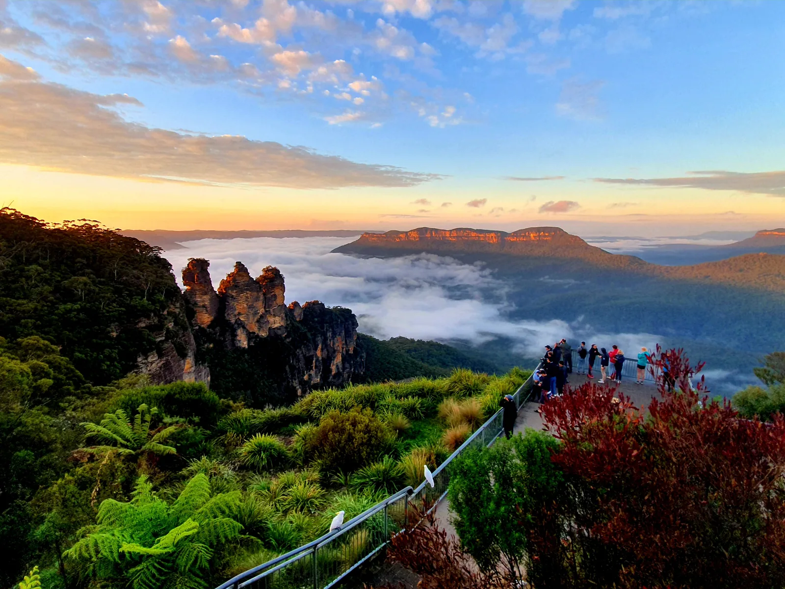 Die Three Sisters im Blue-Mountains-Nationalpark im Morgenlicht, dahinter Nebel im Jamison Valley und der Mount Solitary; rechts die Aussichtsplattform am Echo Point