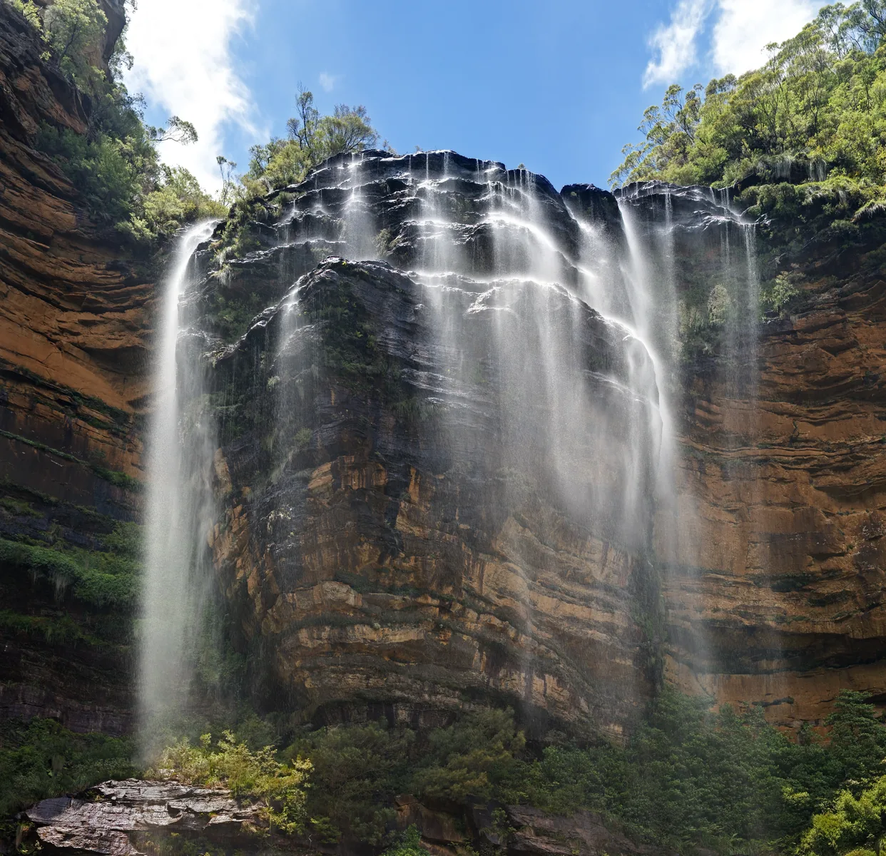 Die oberen Wentworth Falls im Blue-Mountains-Nationalpark fallen in vielen Strähnen über eine geschichtete Sandsteinwand, vom National Pass aus gesehen