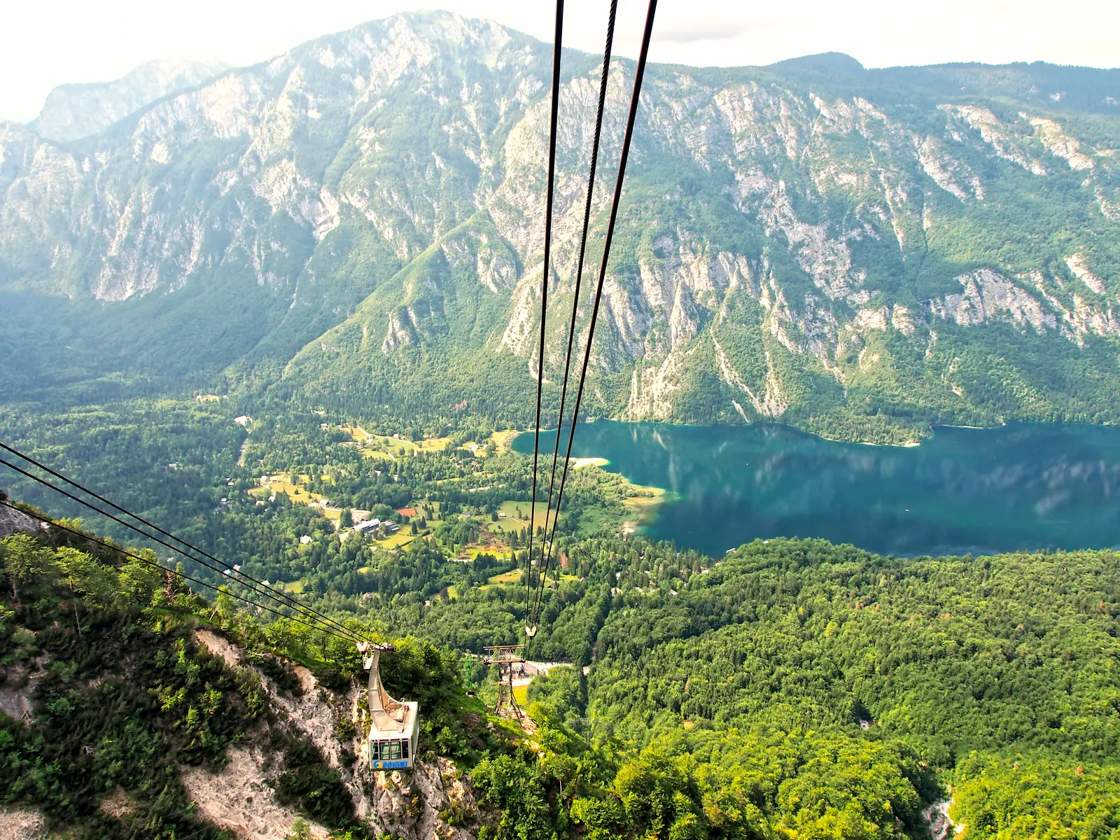 Blick aus der Seilbahn auf den Vogel: der Bohinjer See tief im bewaldeten Tal