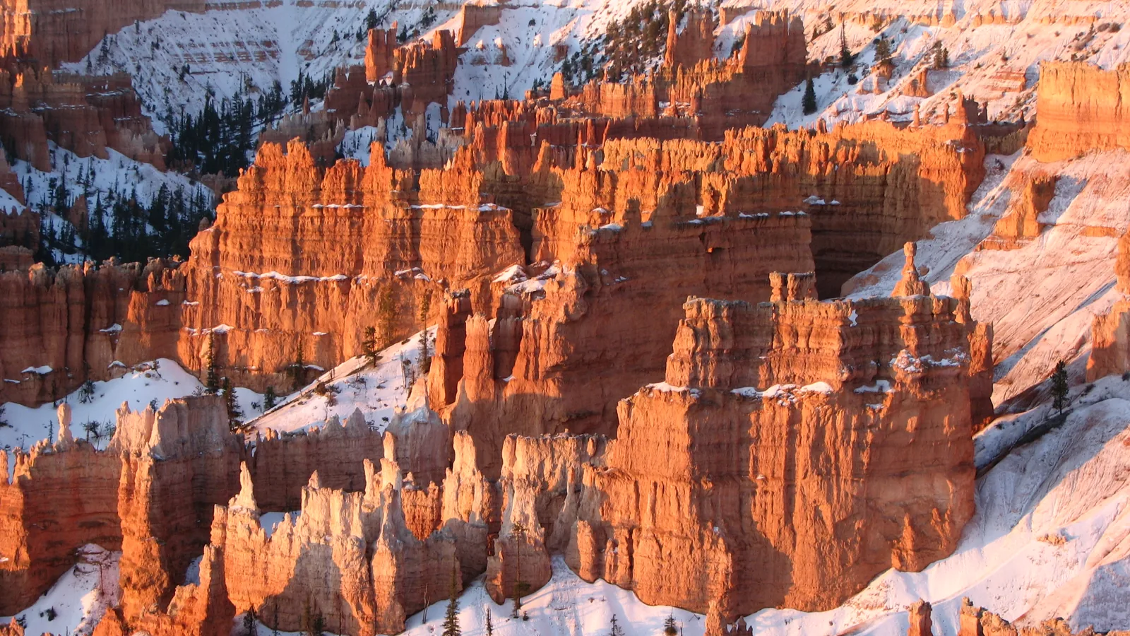 Sonnenaufgang über schneebedeckten Hoodoos, die im Morgenlicht orange leuchten