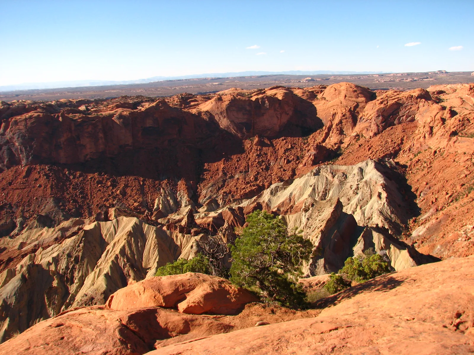 Blick vom Rand in den Upheaval Dome: helle, steil gestellte Gesteinsschichten inmitten roter Felsen