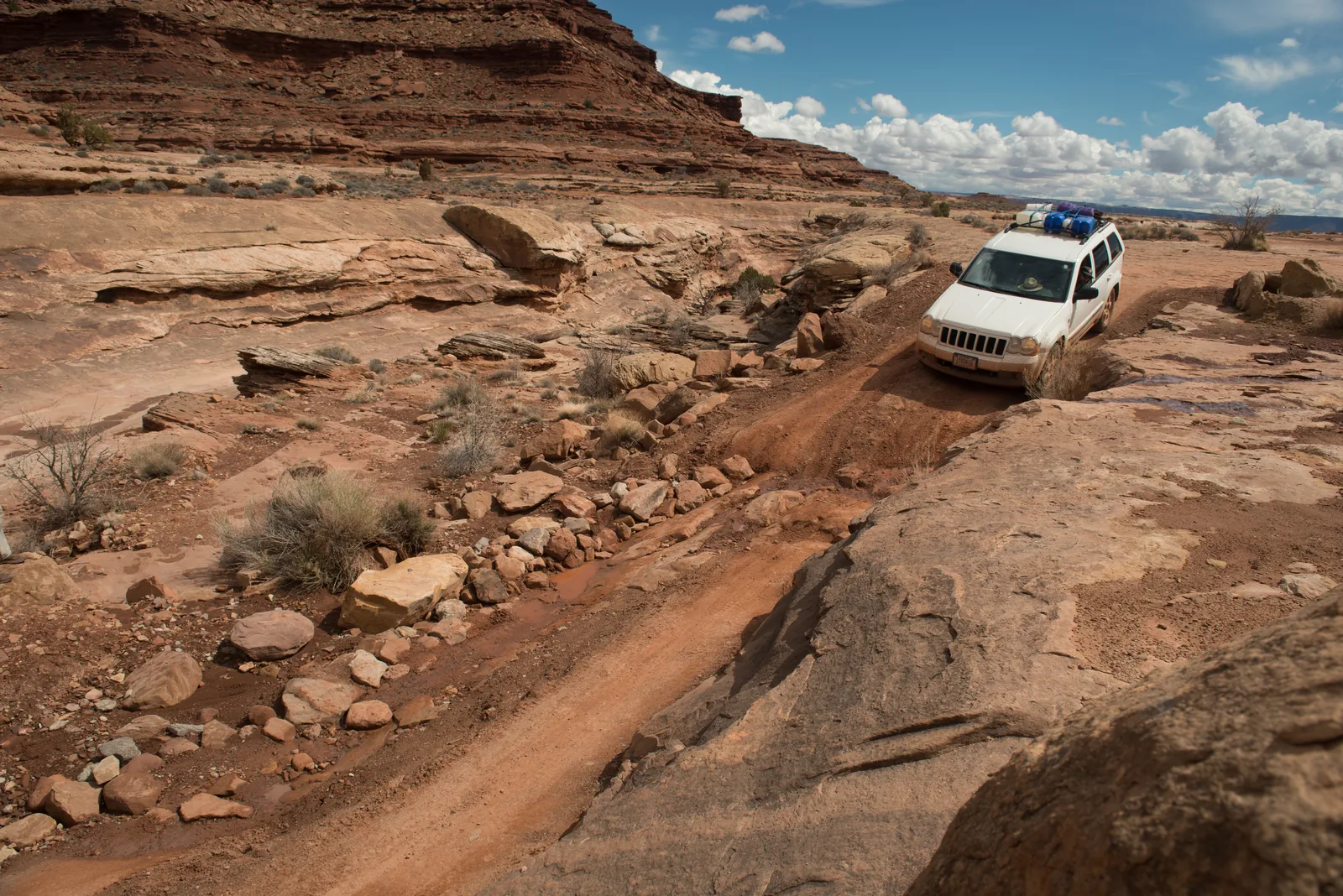 Ein weißer Geländewagen fährt eine steile, von Felsen gesäumte Rampe auf der White Rim Road hinunter