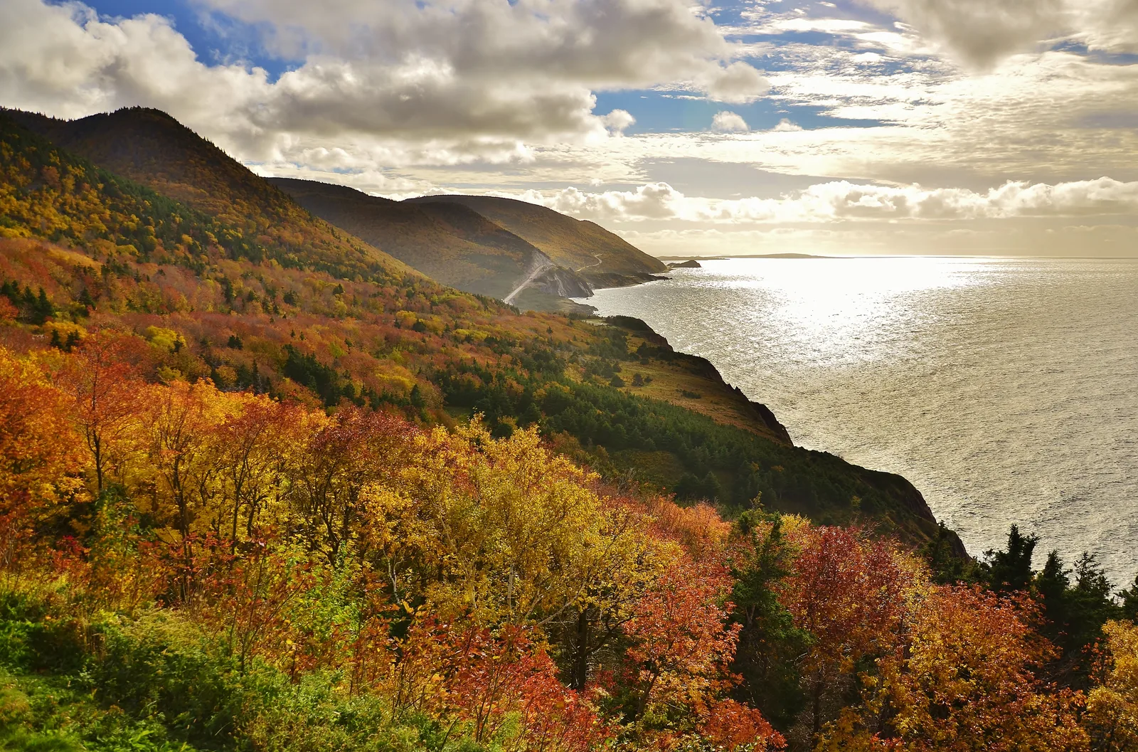 Herbstlich rot und gold verfärbter Wald über der Cabot Trail, die sich in den Steilhang an der Küste schneidet, darunter das glitzernde Meer
