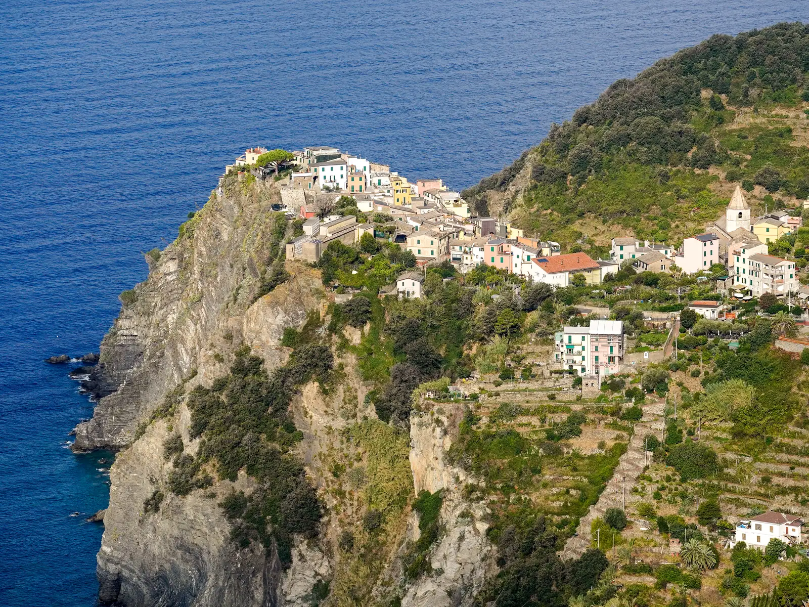 Corniglia im Nationalpark Cinque Terre auf seinem Felsvorsprung über dem Meer, rechts Weinbergterrassen am Hang