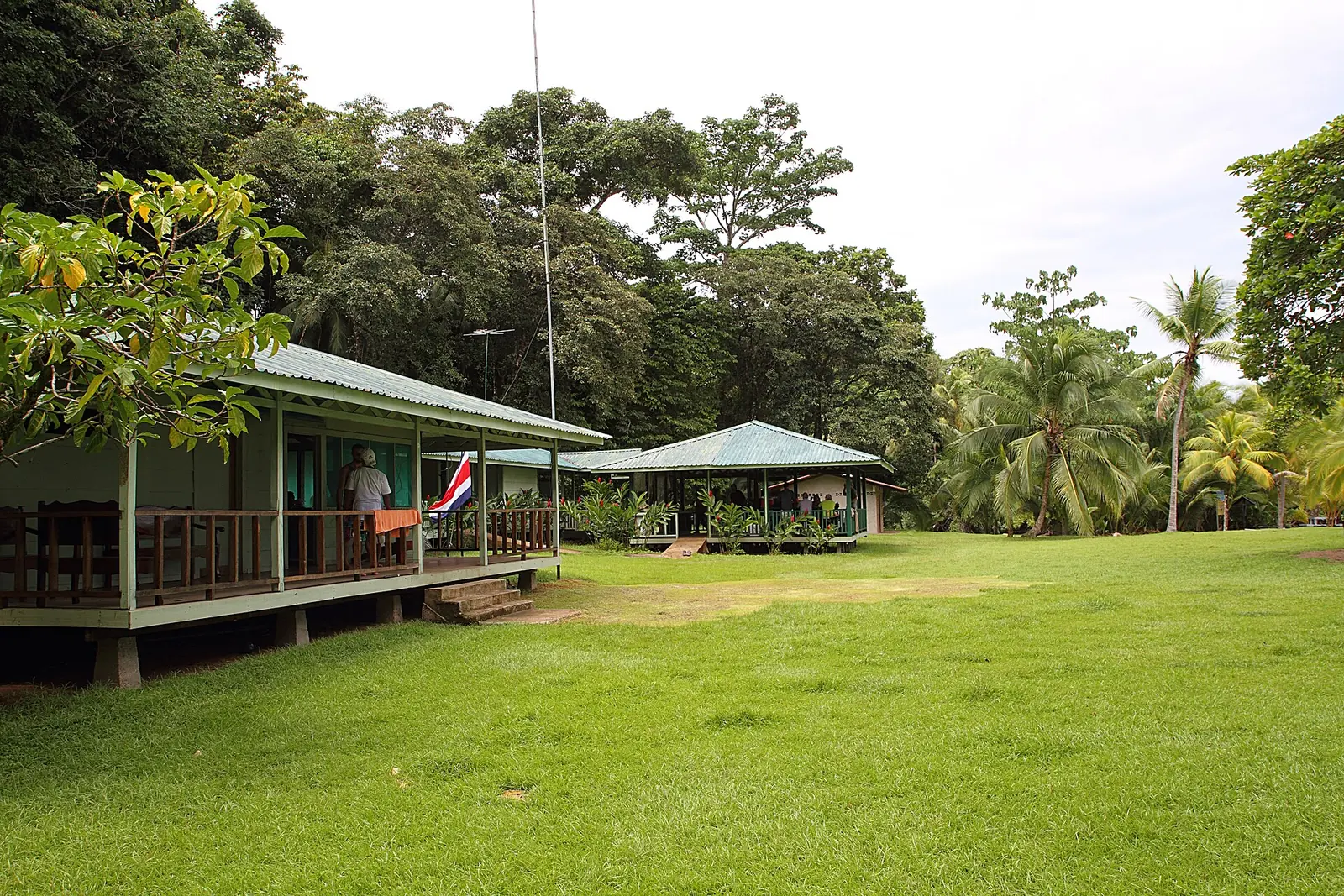 Holzhäuser mit grünen Dächern auf einer Wiese an der Station San Pedrillo im Corcovado-Nationalpark, umgeben von Palmen und Regenwald
