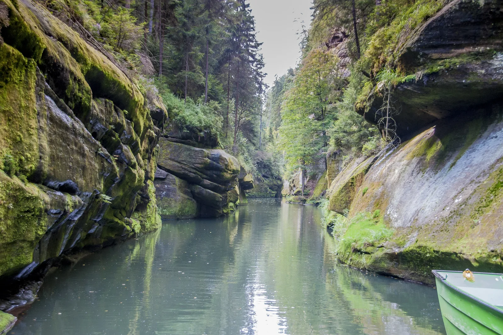 Blick vom Kahn durch die Edmundsklamm: glattes Wasser zwischen hohen, grün bewachsenen Sandsteinwänden, rechts der Bug eines Bootes