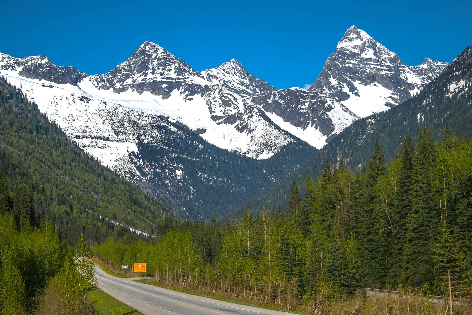 Der Trans-Canada Highway führt durch bewaldetes Tal auf die schneebedeckten Felsgipfel von Eagle Peak und Mount Sir Donald zu