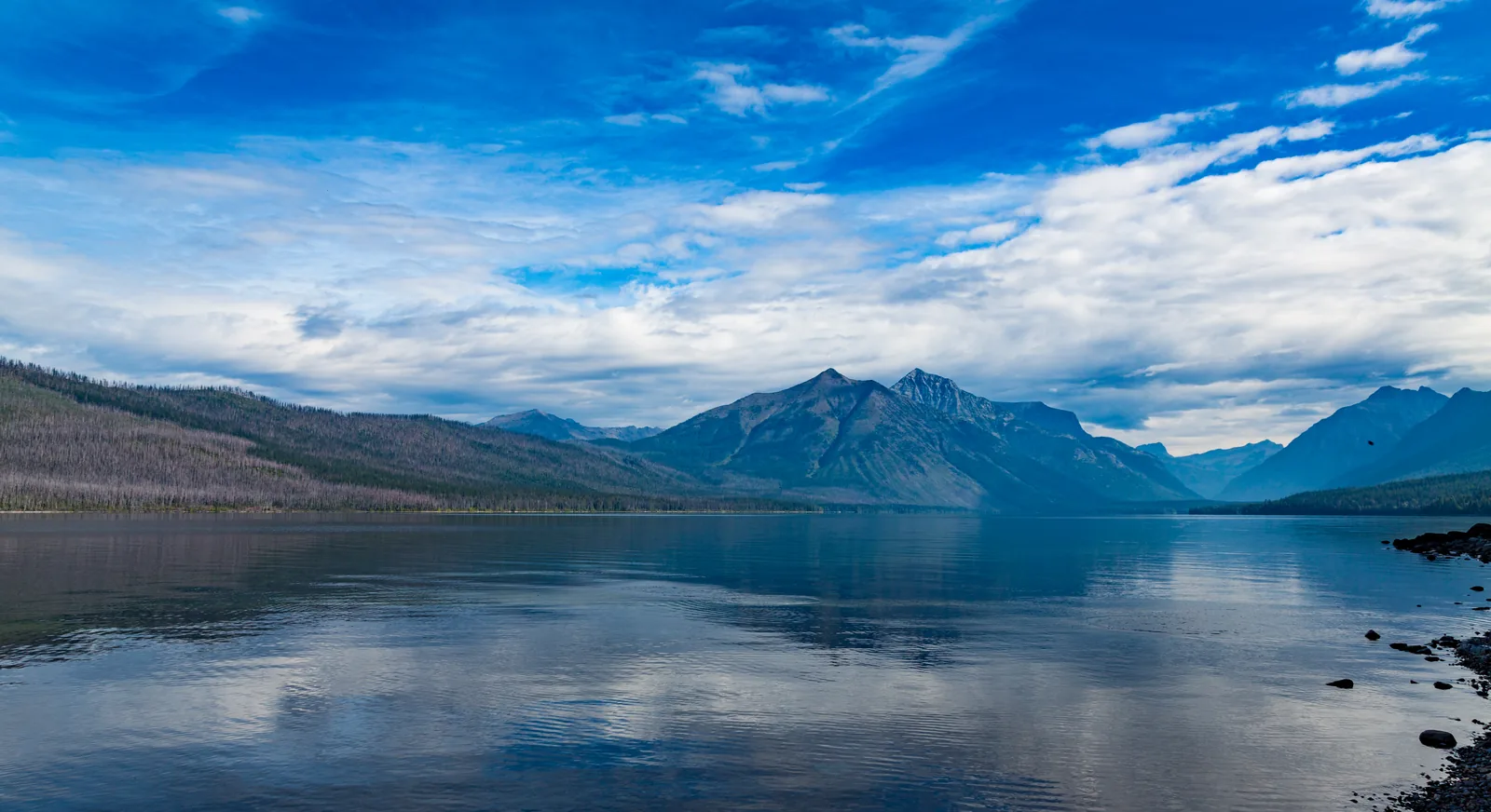 Der Lake McDonald mit spiegelglatter Oberfläche, bewaldeten Ufern und Berggipfeln unter hoher Bewölkung