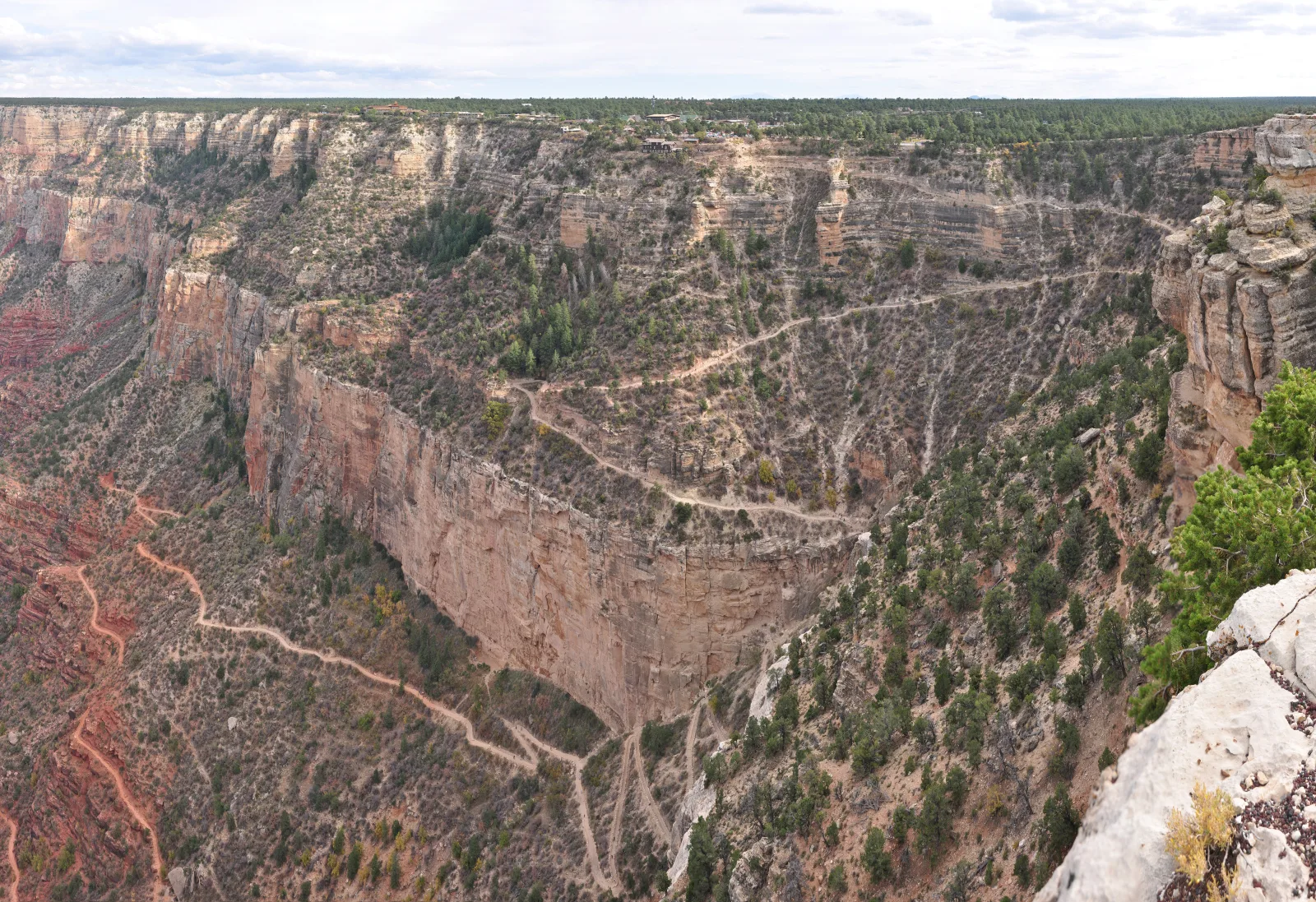 Die Kehren des Bright Angel Trail ziehen sich unterhalb von Grand Canyon Village in die Schlucht hinab