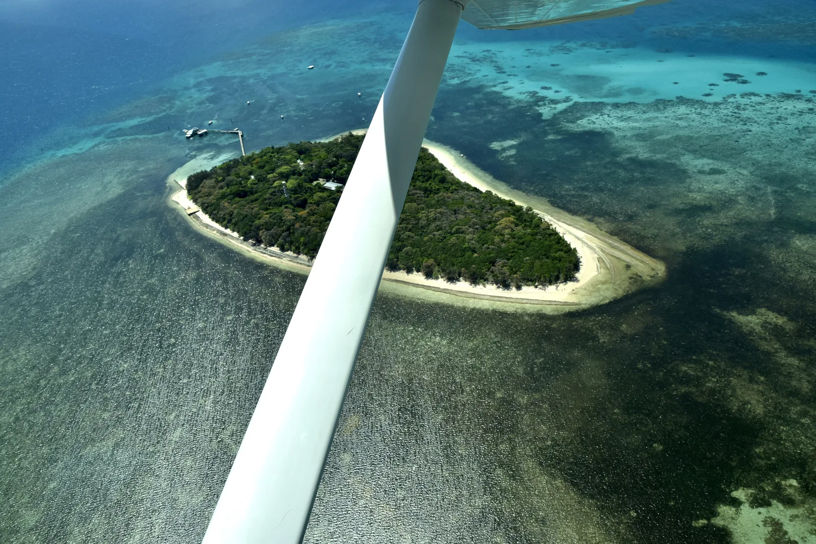Blick aus einem Kleinflugzeug auf eine bewaldete Koralleninsel mit Sandring im Great Barrier Reef Marine Park
