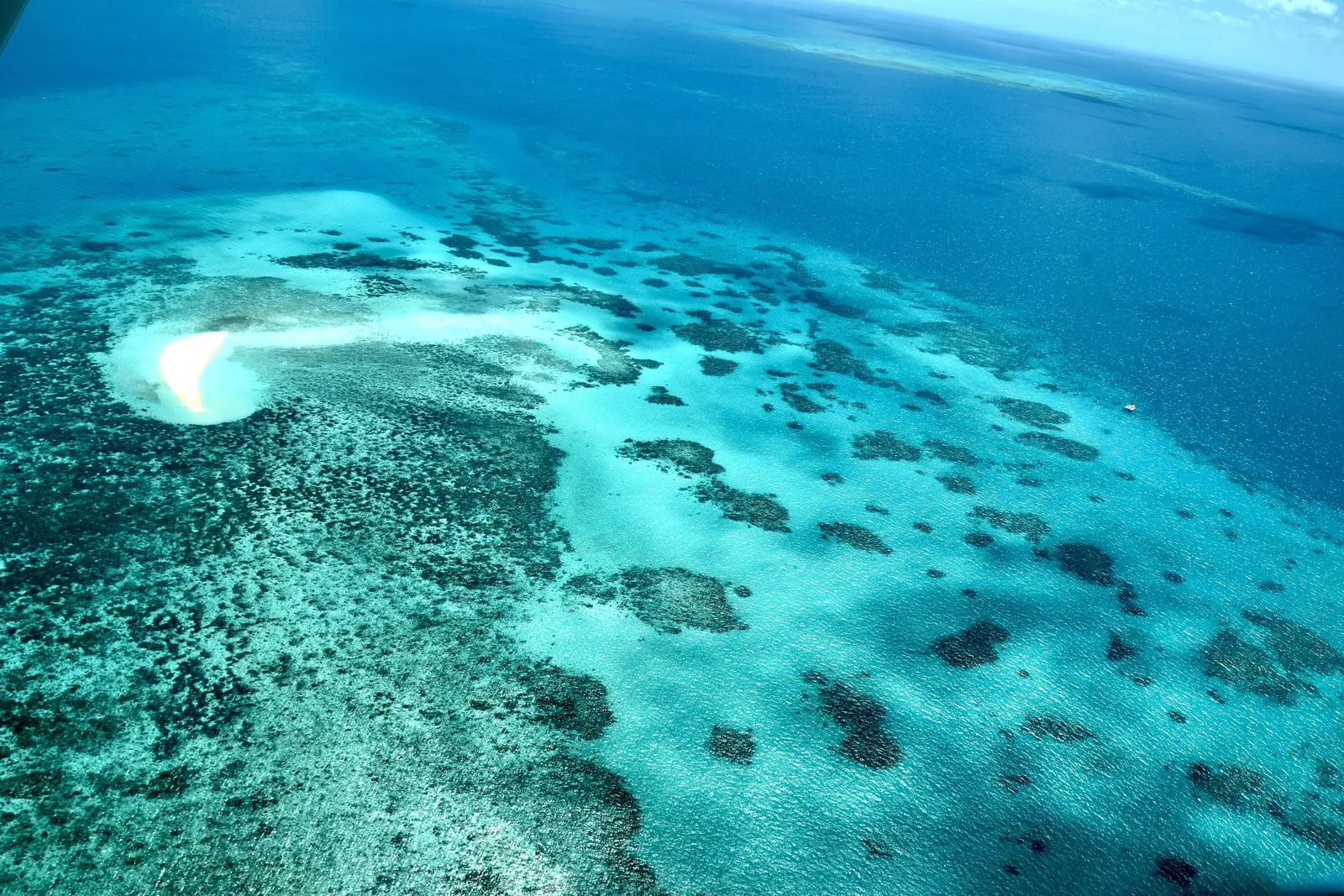 Luftbild vom Great Barrier Reef Marine Park: türkise Riffflächen mit dunklen Korallenstöcken und einer hellen Sandbank im tiefblauen Meer