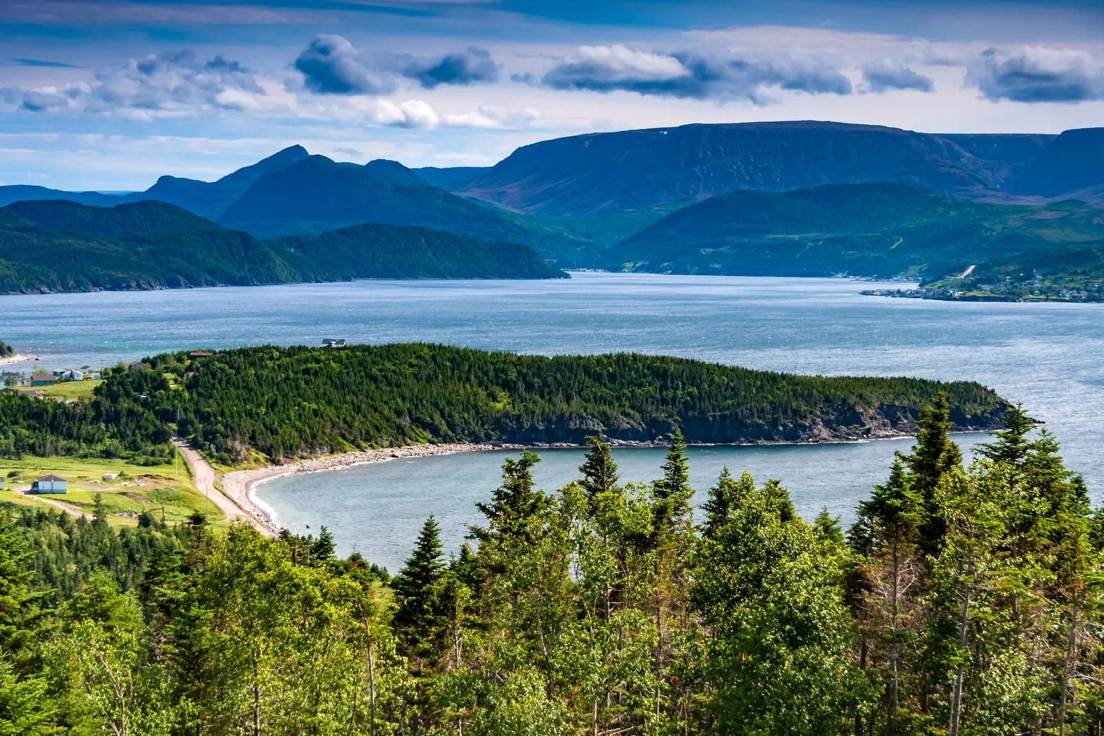 Blick über bewaldete Hügel auf die blaue Bonne Bay mit einer langen bewaldeten Landzunge und einer hellen Sandbucht, dahinter die Berge der Tablelands