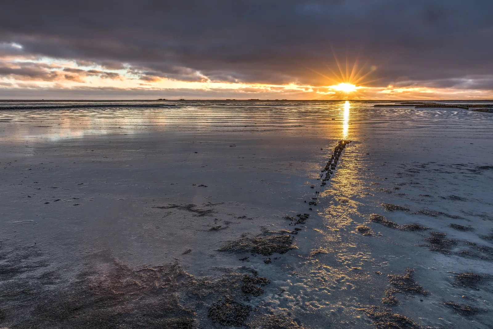 Sonnenuntergang über dem Watt an der Hallig Oland, eine Lahnung führt ins Licht