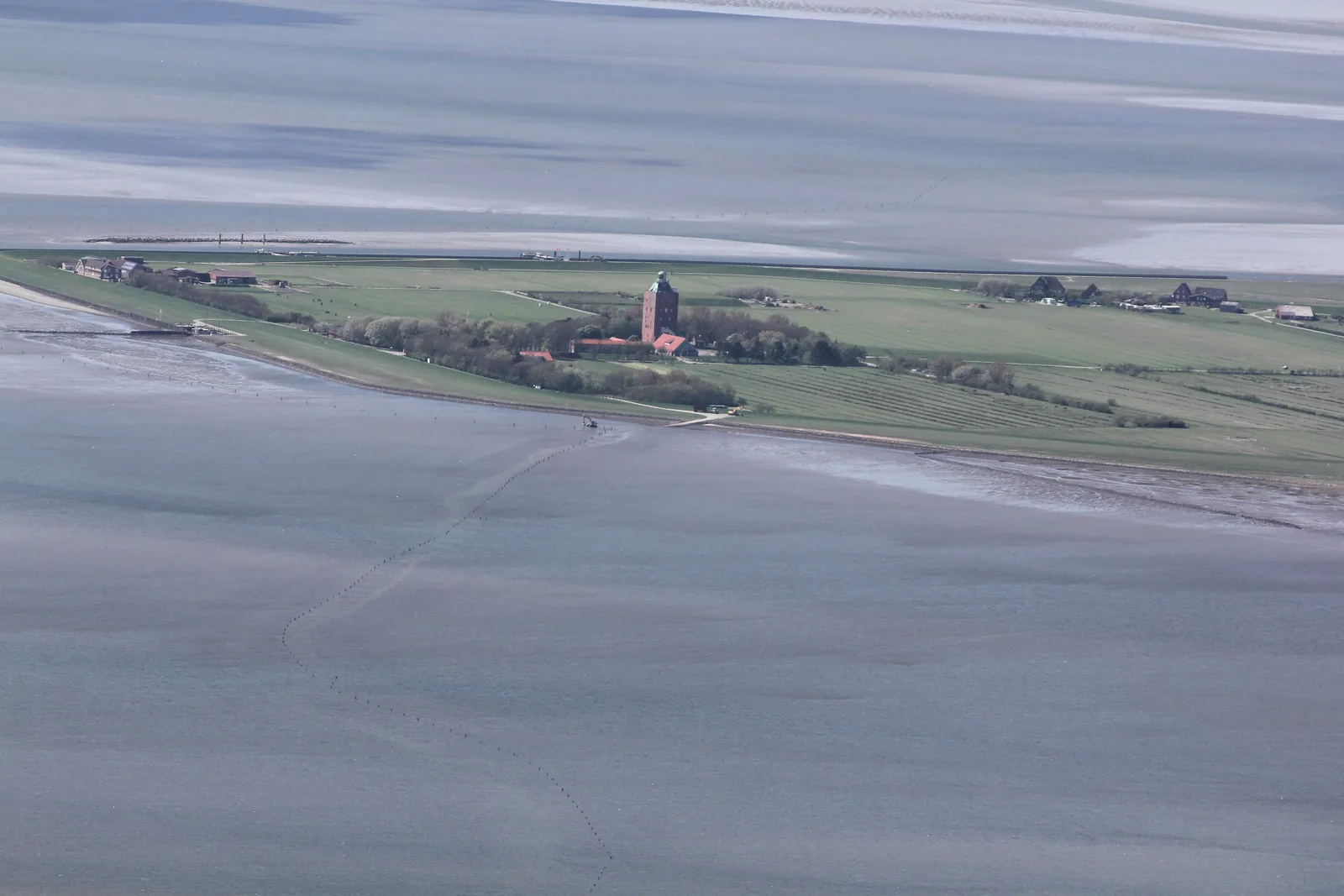 Luftaufnahme der Insel Neuwerk: eingedeichtes Grünland mit dem Turm, ringsum das weite Watt