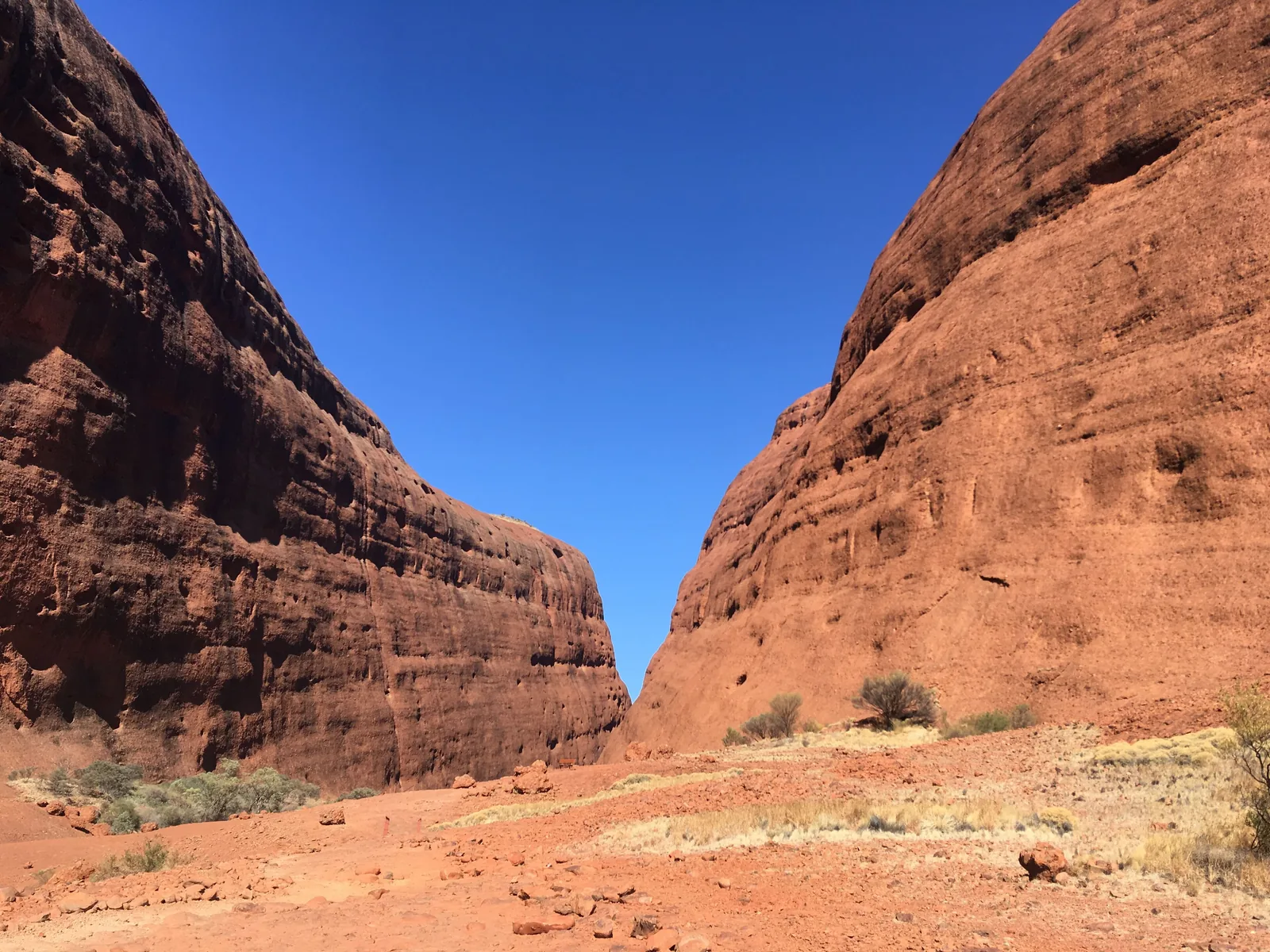 Die Waḻpa Gorge an Kata Tjuṯa im Uluṟu-Kata-Tjuṯa-Nationalpark: zwei hohe, rotbraune Felswände links und rechts, dazwischen ein Streifen blauer Himmel, unten roter Sand und Gras