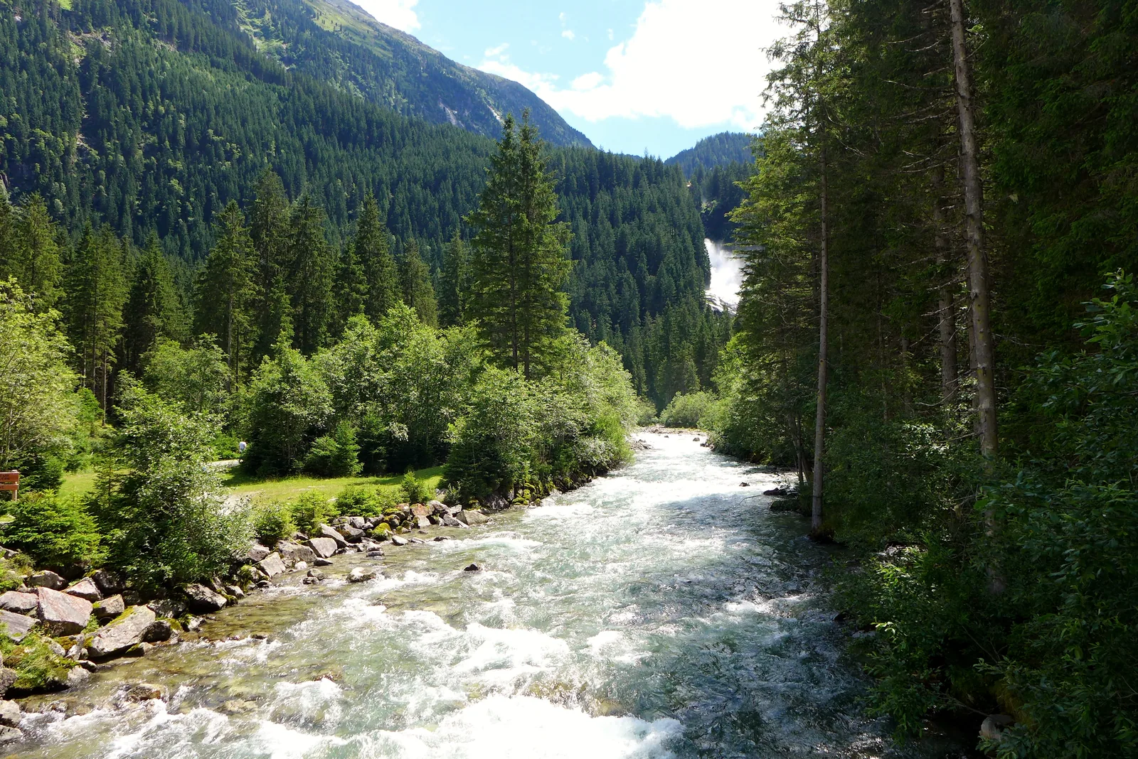 Die Krimmler Ache fließt zwischen Fichten aus dem Tal, im Hintergrund die Krimmler Wasserfälle am Hang