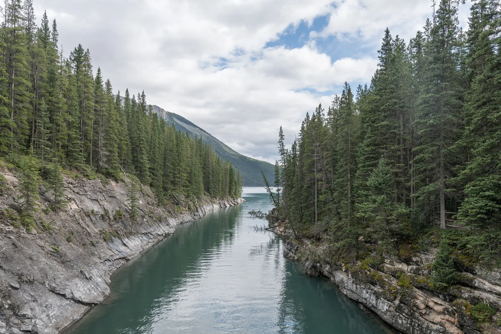 Blick von der Brücke in den Stewart Canyon am Lake Minnewanka im Banff-Nationalpark: grünes Wasser zwischen Felswänden und Fichten.