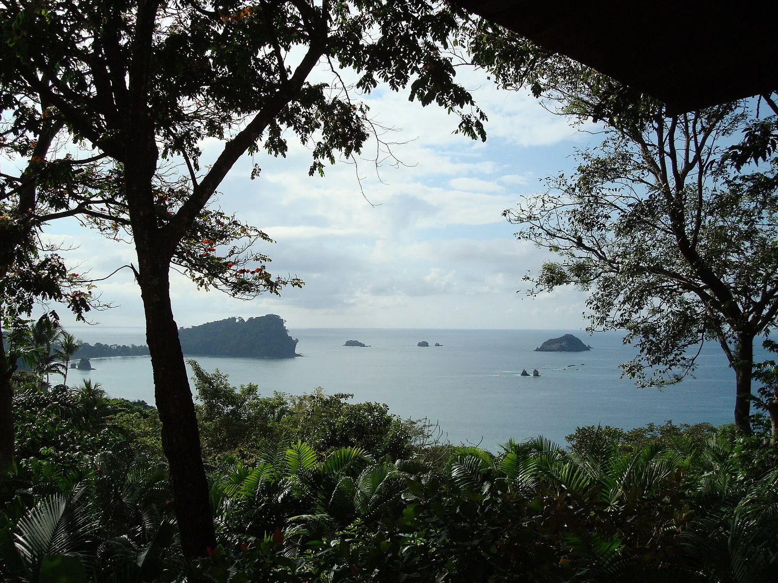 Blick zwischen Bäumen hindurch auf die Inseln vor der Küste beim Manuel-Antonio-Nationalpark