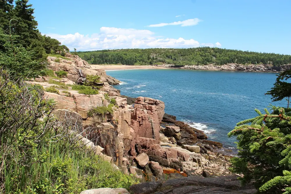 Rosafarbene Granitklippen bei Otter Cliff, dahinter eine Bucht mit Sandstrand und bewaldetem Ufer