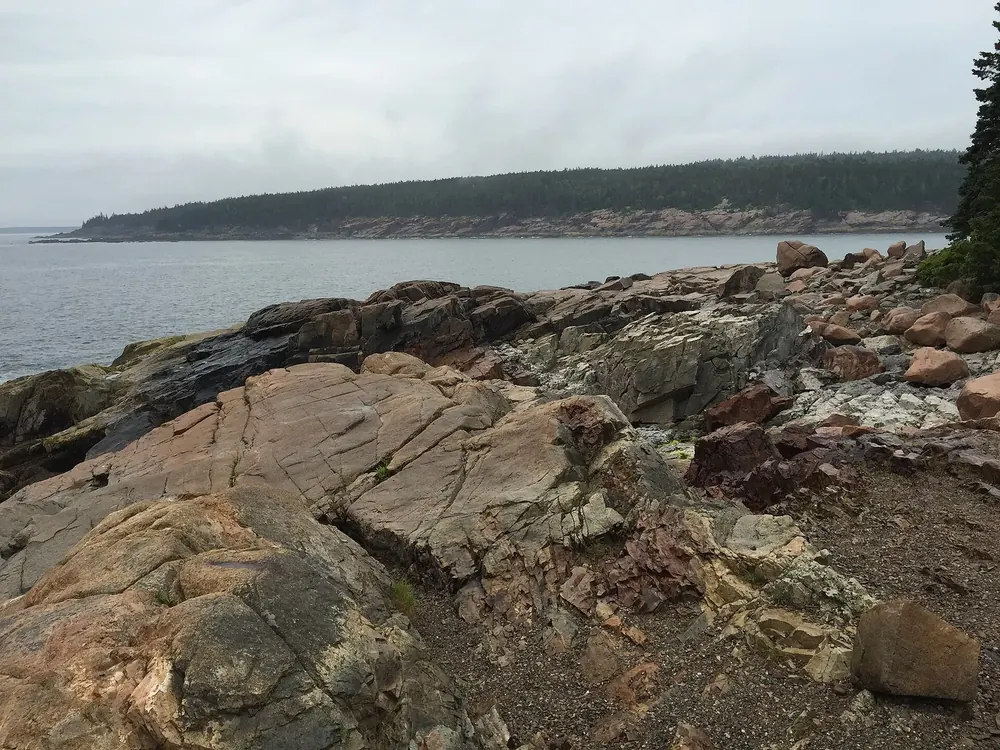 Granitplatten und Felsblöcke am Otter Point, Blick nach Westen über das Meer zu bewaldeter Küste
