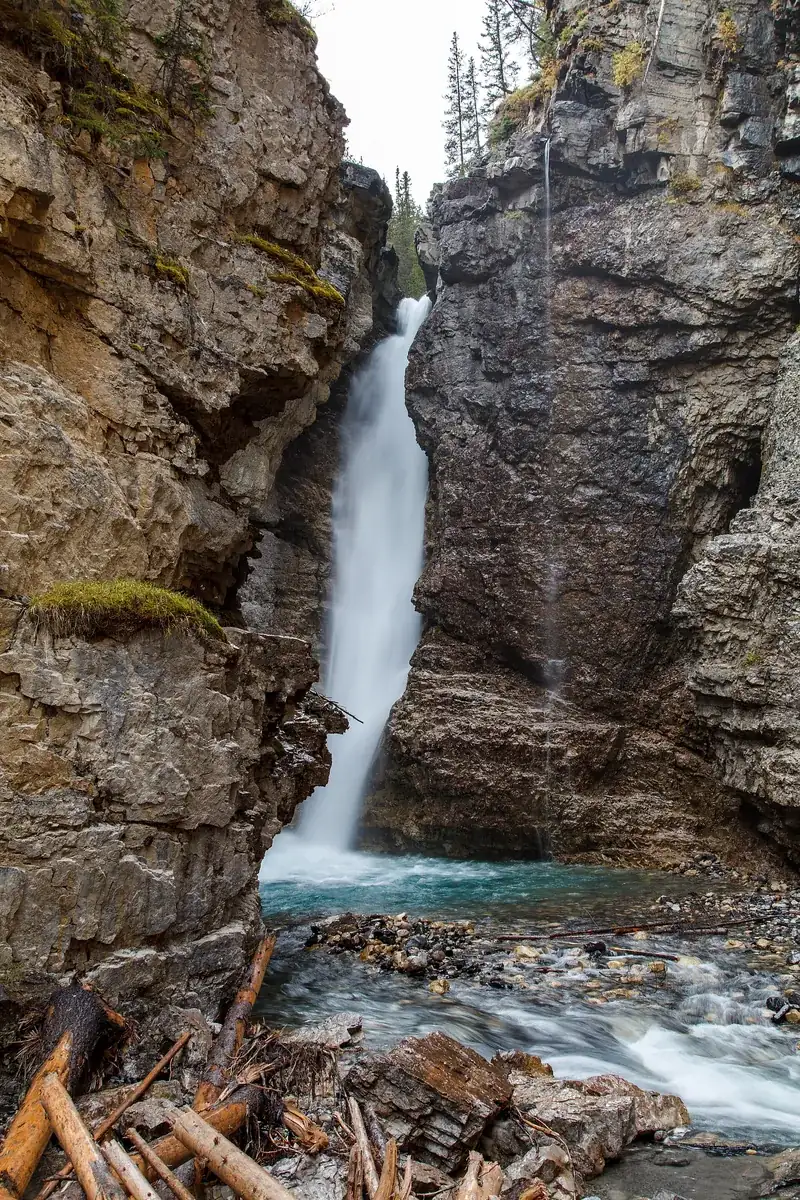 Upper Falls im Johnston Canyon: hoher Wasserfall zwischen senkrechten Felswänden, unten Treibholz im Becken