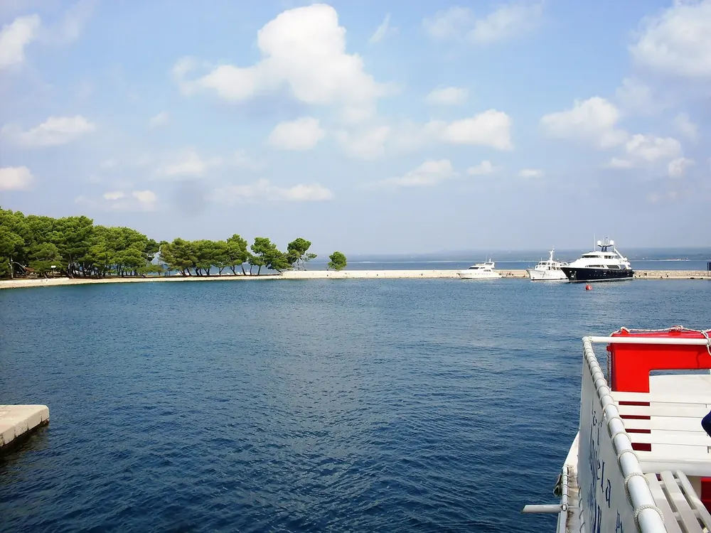 Hafen von Veliki Brijun: ruhiges blaues Hafenbecken mit Mole, Pinien am Ufer und ankernden Booten
