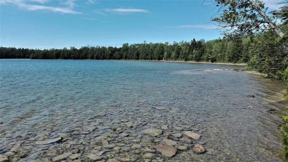Cyprus Lake beim Campingplatz: klares, flaches Wasser mit Steinen am Ufer vor dichtem Wald unter blauem Himmel