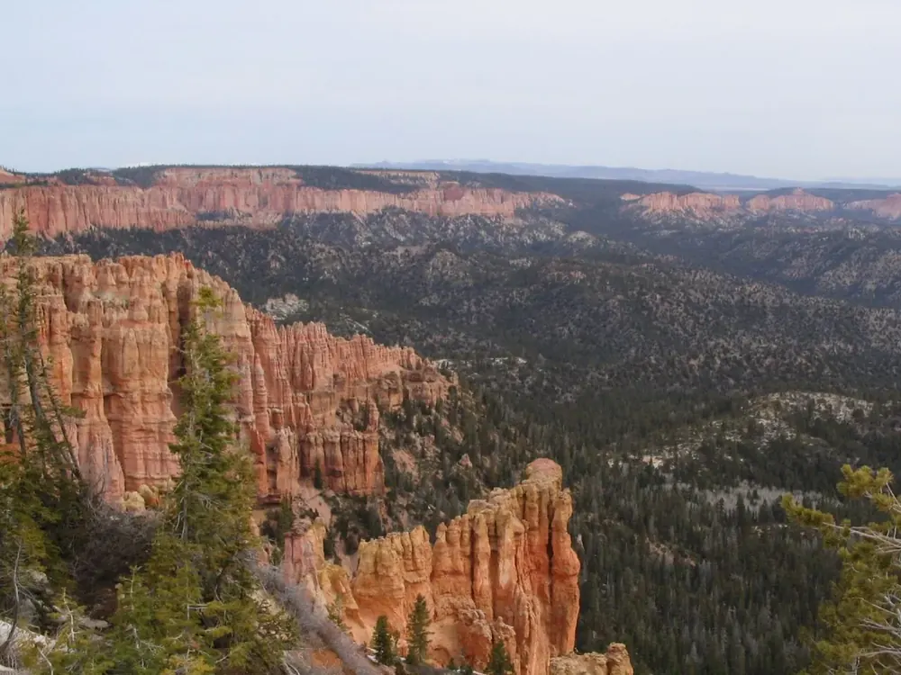 Blick vom Rainbow Point über rötliche Hoodoo-Wände und bewaldete Täler bis zum fernen Horizont
