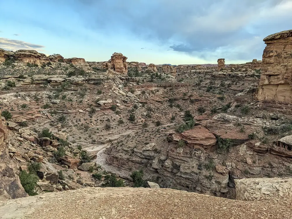 Blick vom Big Spring Canyon Overlook in einen Canyon mit gestuften Sandsteinfelsen, Wacholder und Buschwerk