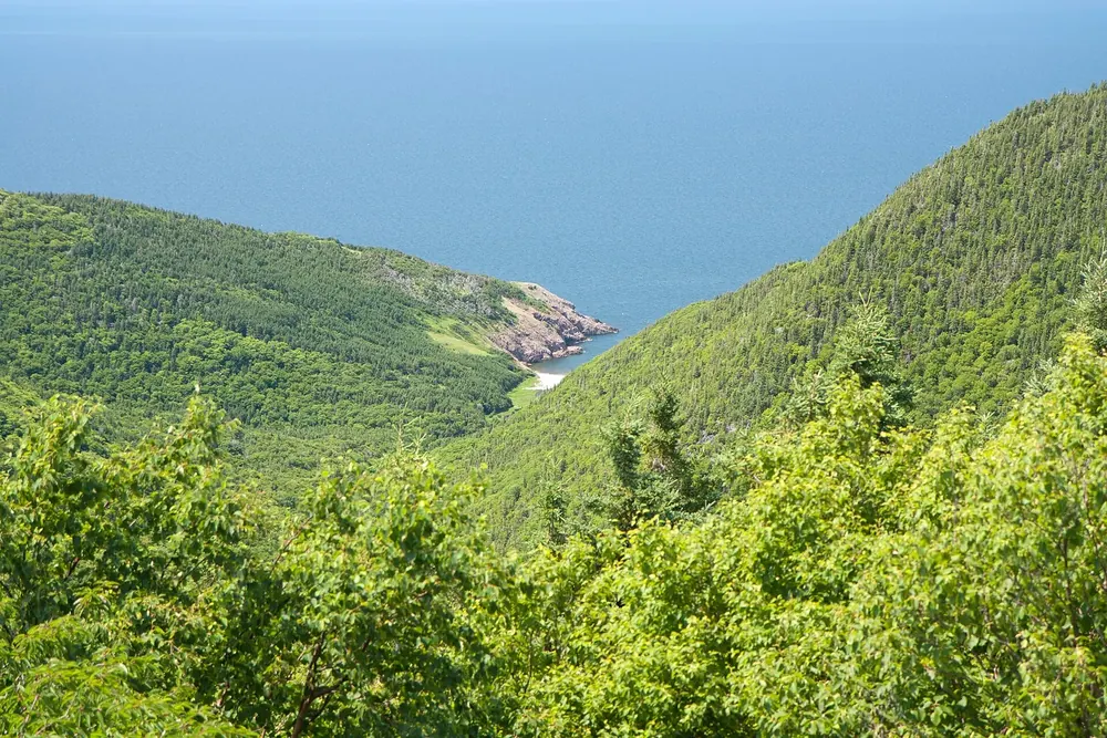 Blick vom Cabot Trail hinab in das bewaldete Tal zur Bucht Fishing Cove am offenen Meer