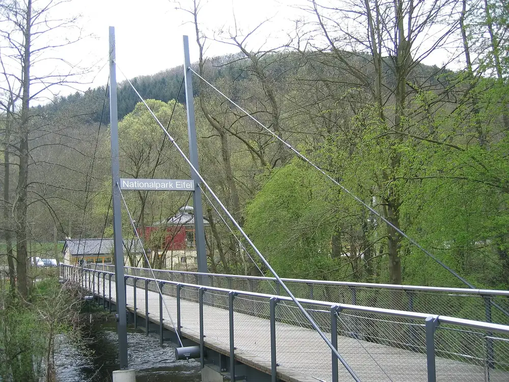 Schrägseil-Fußgängerbrücke in Zerkall an der Grenze des Nationalparks Eifel, dahinter bewaldete Hänge