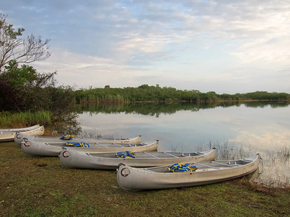 Kanus am Ufer des Nine Mile Pond, Start des Kanupfads durch die Mangroven und Sumpflandschaft