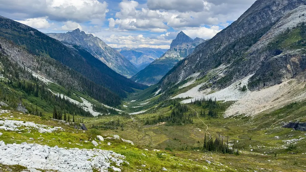Blick vom Balu Pass in ein grünes Hochtal mit Geröllfeldern, dahinter schroffe Gipfel der Selkirk Mountains