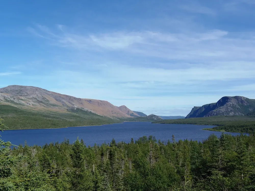 Trout River Pond: langgestreckter blauer See zwischen den kahlen Tablelands und bewaldeten Bergen, vorn Nadelwald