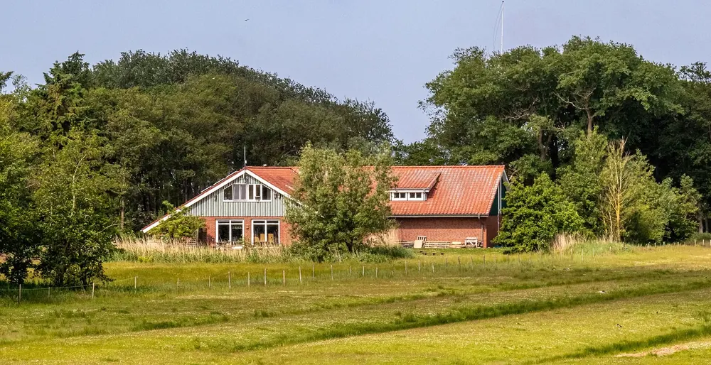 Nationalpark-Haus Neuwerk: rotes Backsteinhaus mit rotem Dach zwischen Bäumen, davor eine weite Salzwiese