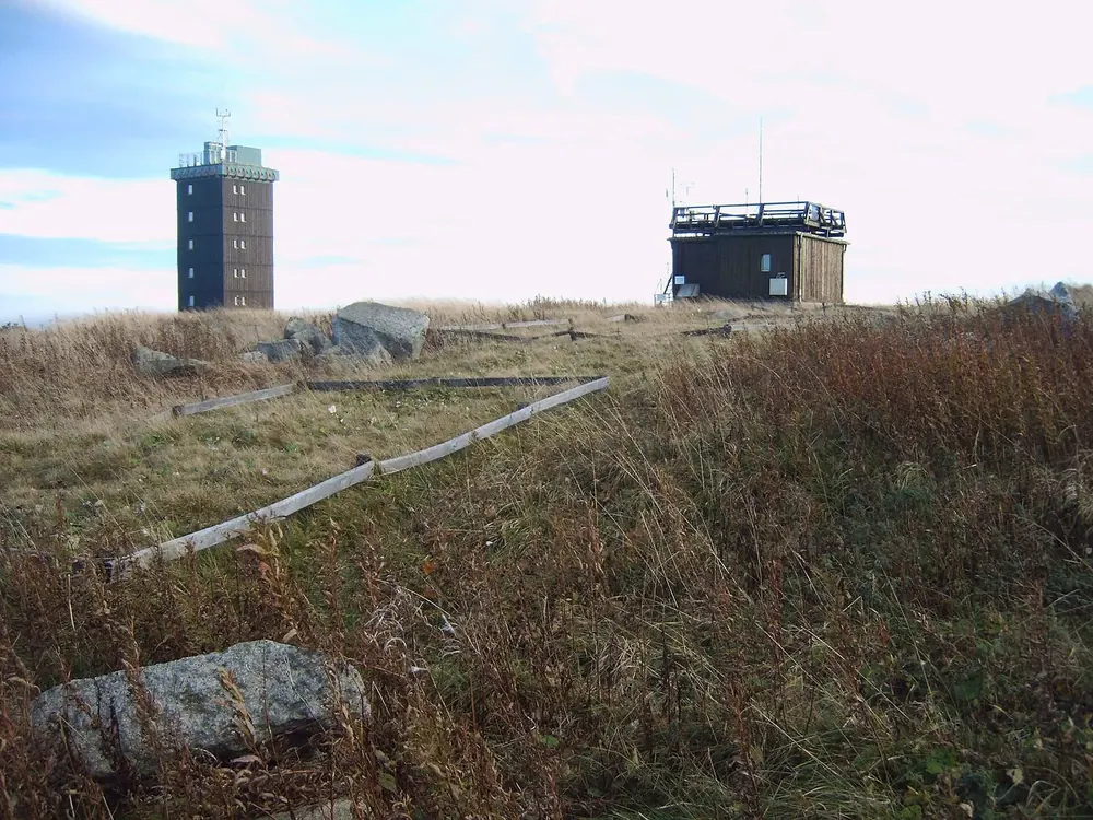 Brockengarten auf dem Gipfelplateau: Heide und Gräser mit Holzeinfassungen, dahinter Brockenturm und Wetterwarte