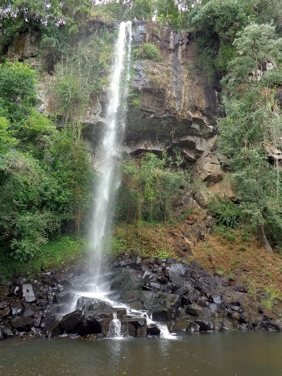 Der Salto Arrechea im Iguazú-Nationalpark: ein schmaler Wasserfall über eine bewachsene Felswand in ein ruhiges Becken mit Basaltblöcken