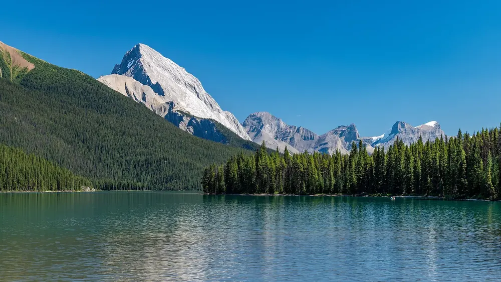 Maligne Lake nahe dem Parkplatz: türkisfarbener See vor Nadelwald und dem hellen Gipfel des Samson Peak