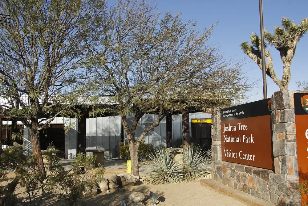 Joshua Tree Visitor Center im Ort Joshua Tree: Eingang mit Steinmauer und Parkschild, davor Wüstenpflanzen und ein Josuabaum