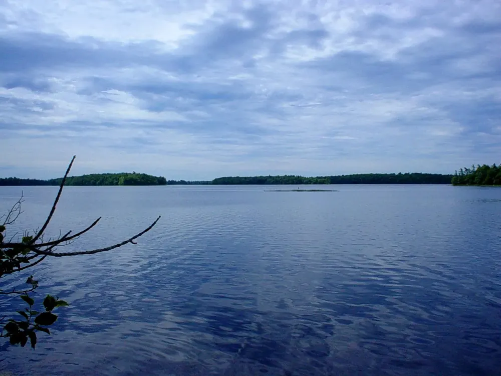Blick von Jim Charles Point über den weiten, ruhigen Kejimkujik Lake mit bewaldeten Inseln unter Wolken