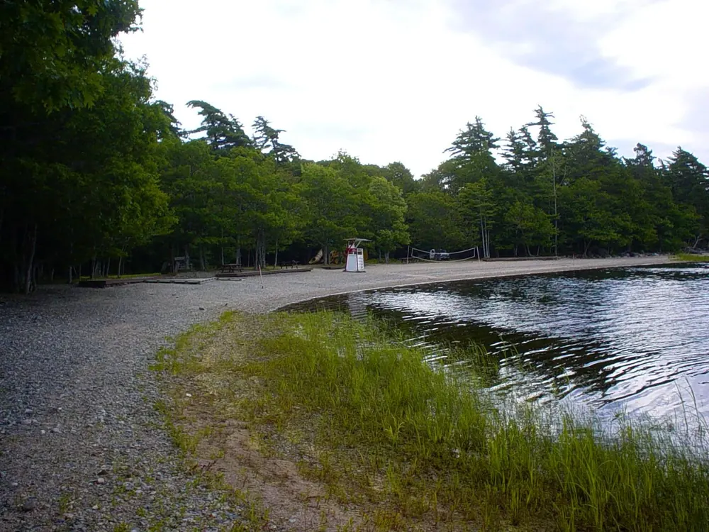 Merrymakedge Beach: geschwungener Kiesstrand am See, gesäumt von Gras und dichtem Wald unter bewölktem Himmel