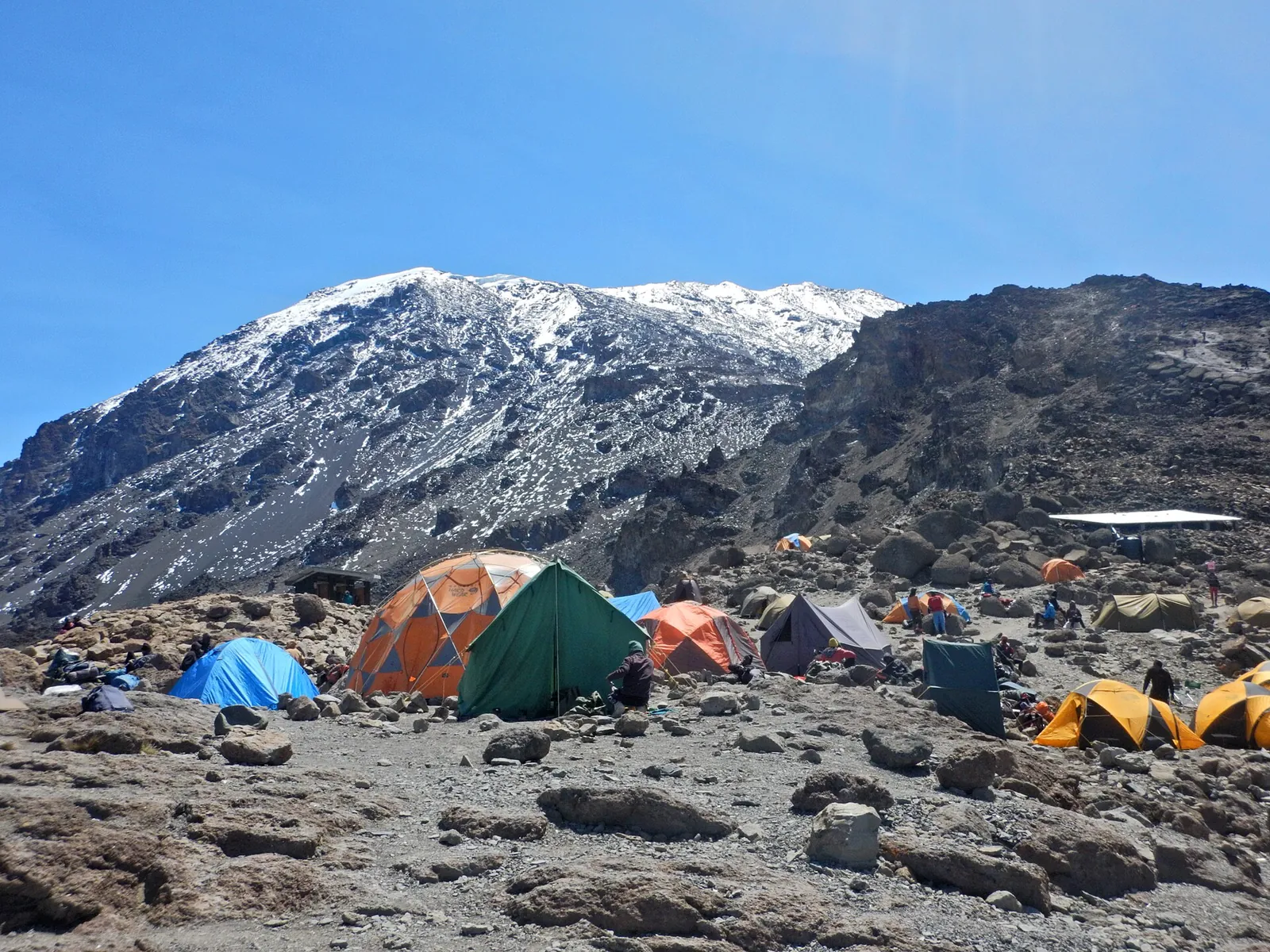 Bunte Zelte im Barafu Camp auf steinigem Gelände im Kilimandscharo-Nationalpark, dahinter der verschneite Gipfelhang des Kibo