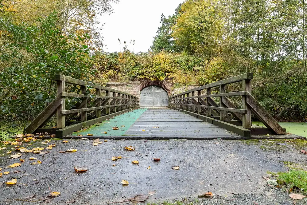 Holzbrücke mit Geländer führt zum Eingang des Fort Kugelbake in Cuxhaven, umgeben von herbstlichem Gebüsch