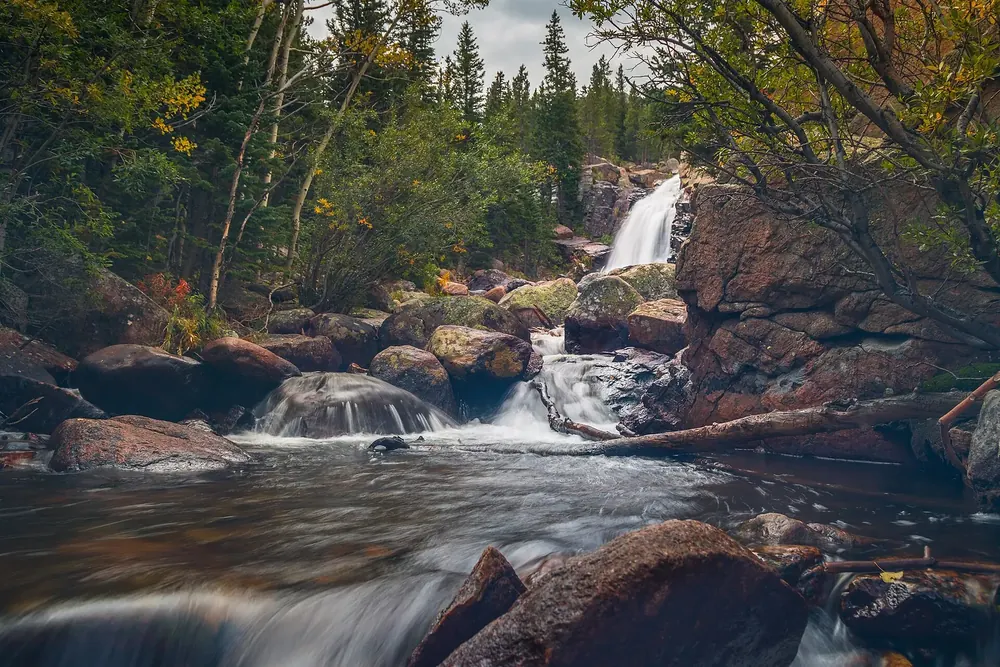 Alberta Falls: Glacier Creek stürzt über Granitstufen, umgeben von Nadelbäumen und herbstlichem Laub