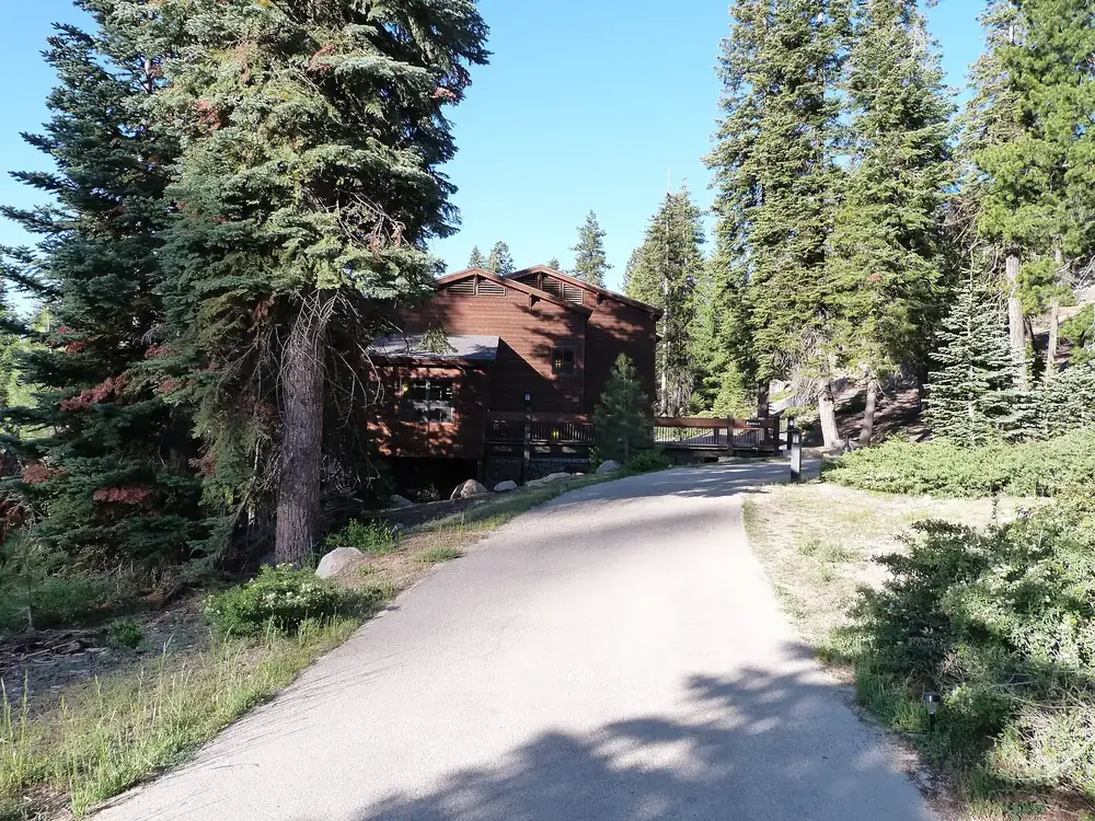 Wuksachi Lodge: holzverschaltes Gästehaus zwischen hohen Tannen, davor ein geschwungener Fußweg