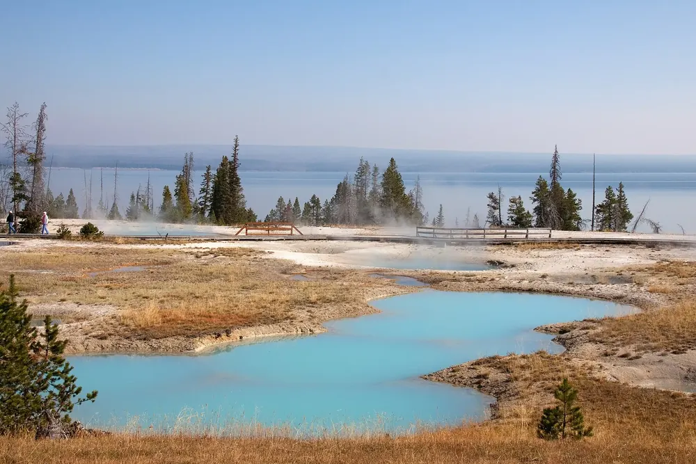 West Thumb Geyser Basin: türkisfarbene heiße Quellen in hellen Sinterflächen am Ufer des Yellowstone Lake
