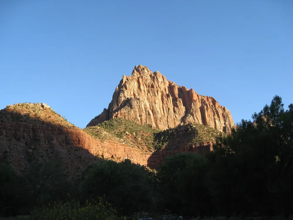 Blick vom Watchman Campground auf den im Abendlicht leuchtenden Gipfel des Watchman über dunklen Bäumen